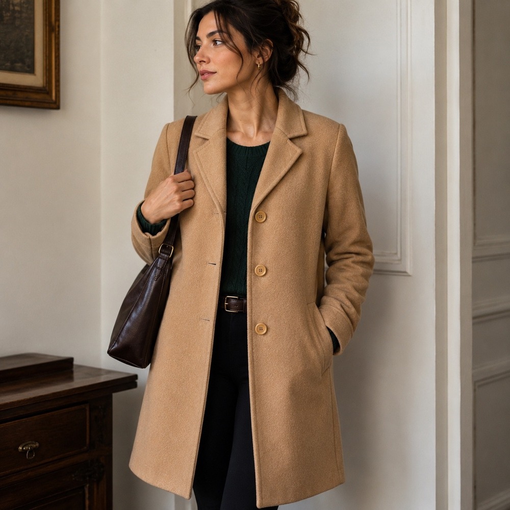 LL Bean Overcoat Women L 12 Tan Wool Cashmere Blend Classic Quiet Luxury Heritag